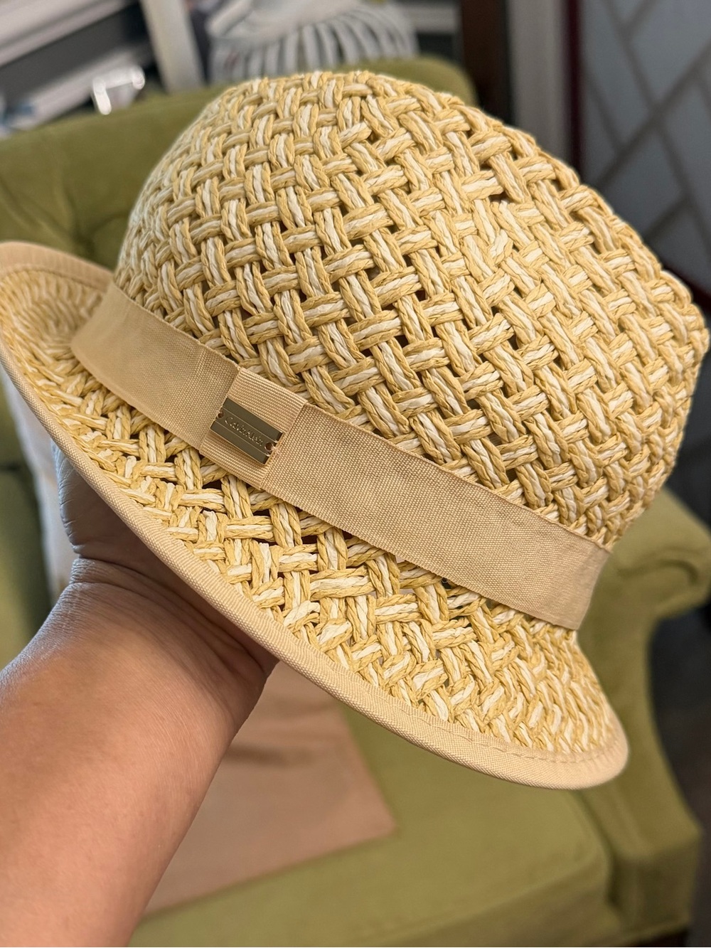 Calvin Klein Woven Straw Cloche Hat in beige and white color